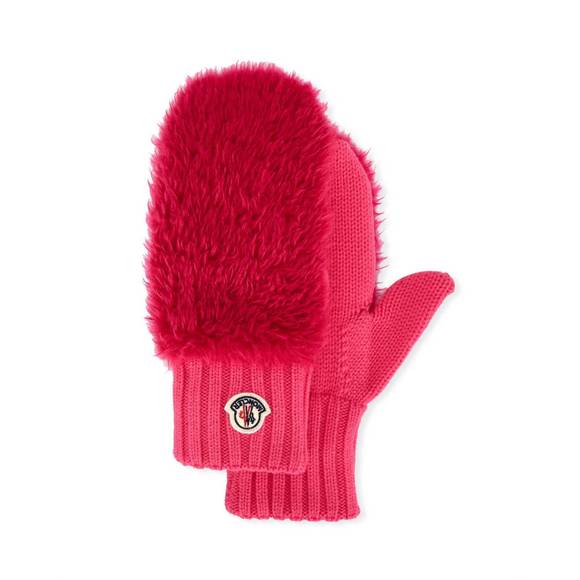 NEW MONCLER moncler women's mittens faux fur knitted winter gloves in bright pin - Picture 2 of 4